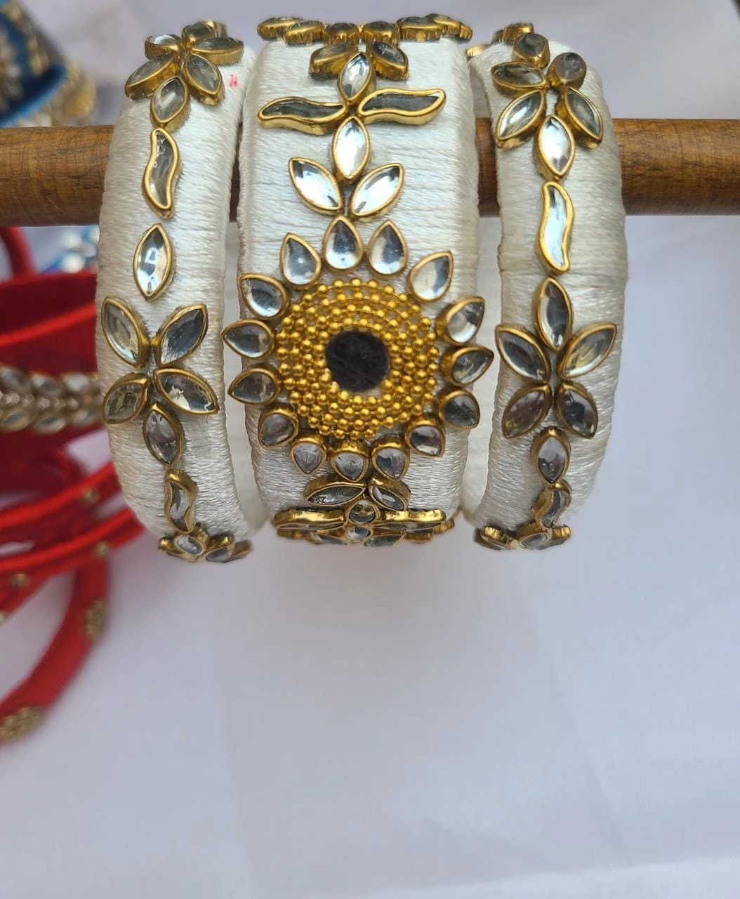 White Fancy Silk Thread Kundan Bangles