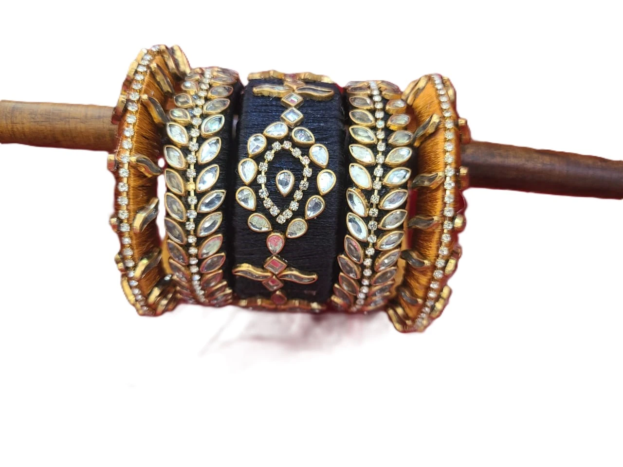 Black Fancy Silk Thread Kundan Bangles